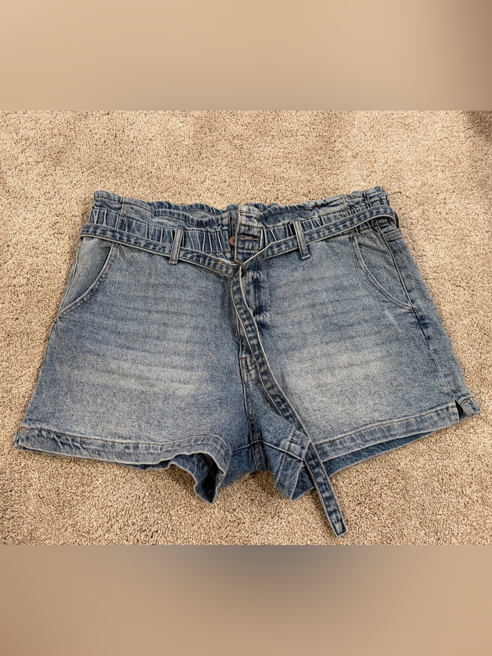 KanCan Washed Blue Denim Paperbag Waist Shorts with Tie